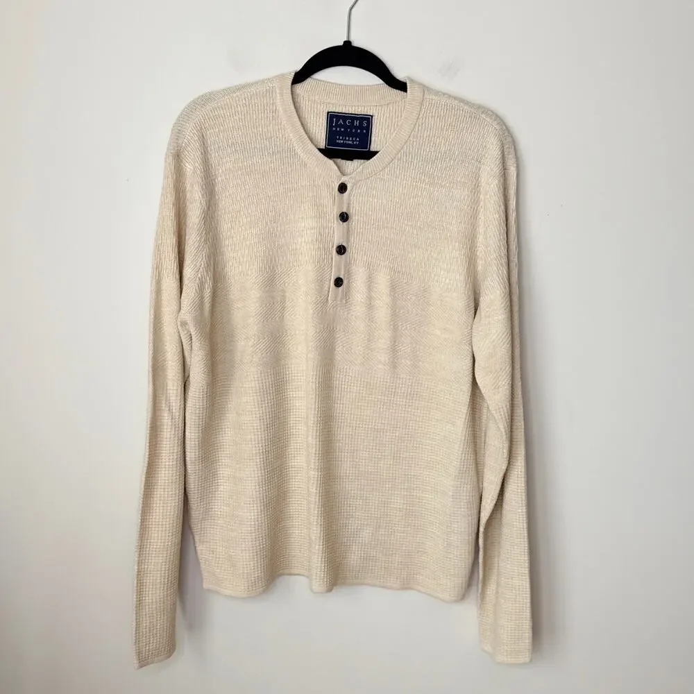 Jachs Men's Mixed Stitch Waffle‎ Sweater Henley XL Pattern Cream Long Sleeves